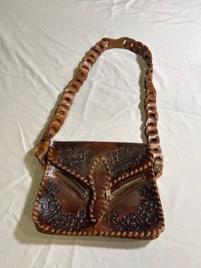 Vintage Tooled Leather Floral Western Shoulder Bag Brown Braided Strap Boho